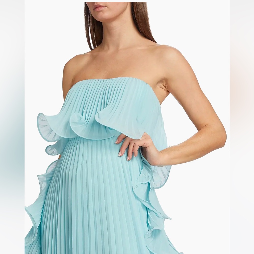 Badgley Mischka Strapless Pleated Gown with Ruffles - Picture 5 of 9